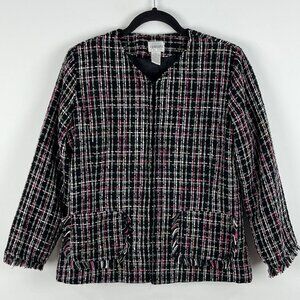 Chico's Blazer Jacket Size 1 Black Pink Plaid 3/4 Sleeve Collarless Lined